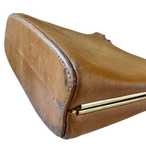 Vintage 60's Tan Brown Leather Handbag Purse with Covered Metal Handles - Picture 12 of 14
